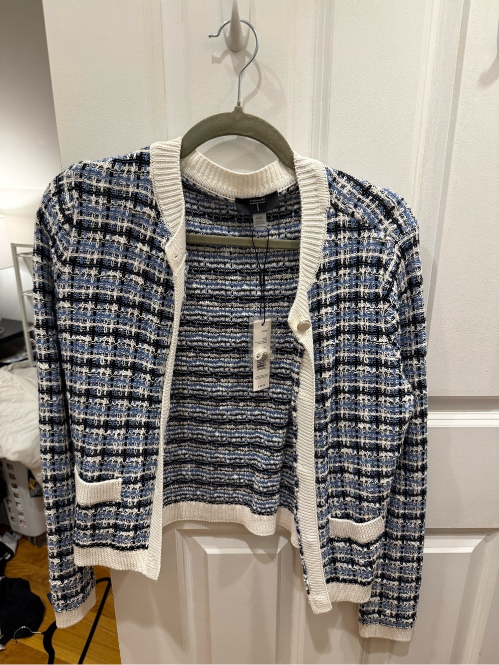 Tahari Blue and White Tweed-Style Cardigan